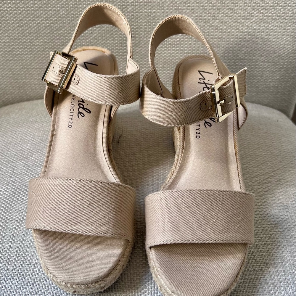 Beige Wedge Buckle Sandals by Life Stride Size 6